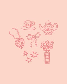 a drawing of teapots and flowers on a pink background