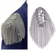 PRICES MAY VARY. Beautiful Shoulder Broock Pin for Jacket Blazer Shirt High Quality Handmade Rhinestone Tassel Shoulder Epaulet Unisex Charming Fahion Brooh pin for Fancy Party Decoration on clothes, stylish attractive. Package including 2 pcs of Shoulder Epauletes Service: 100% money back return for any reason guarantee Handmade Rhinestone Tassel Shoulder Epaulet for Men and Women  Color:Sliver Shoulder Prooch Pin  Pack:2pc(1 pair)/Pack Size:Wide:2.5 inch;Length:4 inch;Tassel Length:4.5 inch Punk Suit, Fancy Party Decorations, Concrete Cowboy, Clothing Graphics, Customised Clothes, Wedding Guest Ideas, Guest Ideas, Eras Outfits, Gold Blazer