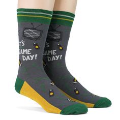 Game Day Green Yellow Men's Crew Socks GAME ON this fall! No matter who you are rooting for, be sure to sport our Game Day men's novelty socks in your favorite team colors - four team colors to choose from. We might not be at the stadium, but we will be just as involved in front of the big screen. Why not be comfortable and bring good luck to your team wearing your awesome football socks? Grab a beer and settle in for a weekend of football and fun. These soft, comfortable socks will stay up and Mens Novelty Socks, Touch Down, Football Socks, Mens Crew Socks, Comfortable Socks, Good Luck To You, Sock Game, Bring Good Luck, Sports Socks