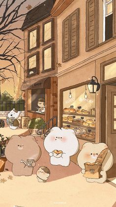 two bears are standing in front of a bakery