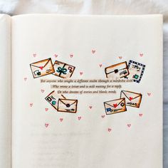 an open book with some drawings on the pages and words written in small letters above them