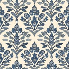 a blue and white wallpaper pattern with flowers on the left side, in shades of gray