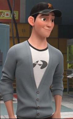 a cartoon character wearing a baseball cap and grey cardigan sweater standing in front of a building