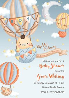 a baby shower is shown with hot air balloons in the sky and stars on the clouds