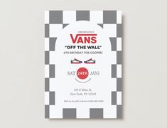 an advertisement for vans off the wall on a gray and white checkered background with text