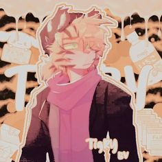 a drawing of a man with pink hair wearing a black jacket and scarf, standing in front of an abstract background