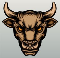 an angry bull's head with orange eyes