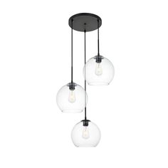 three lights hanging from a ceiling fixture with clear glass globes on the top and bottom