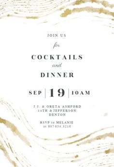 a white and gold wedding card with the words cocktails and dinner written in black