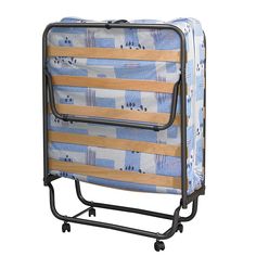 a blue and white suitcase sitting on top of a metal frame