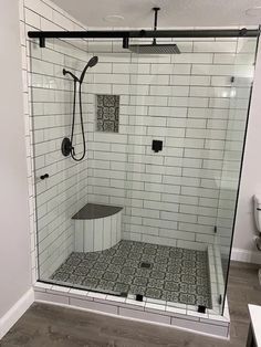 a walk in shower sitting inside of a bathroom