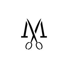 a pair of scissors with the letter m on it's side, in black and white