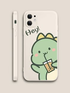 a phone case with a cartoon character holding a drink