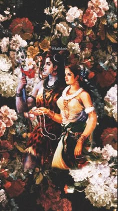 a painting of two women surrounded by flowers