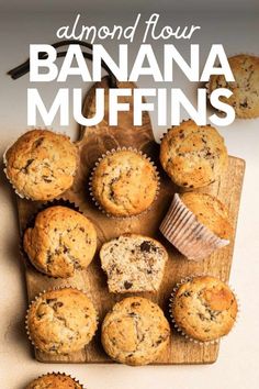 banana muffins on a cutting board with text overlay