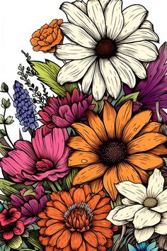 a bunch of flowers that are in the middle of a drawing book page with colored pencils on it