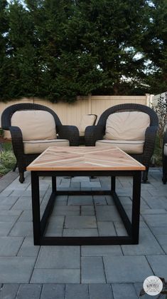 two chairs and a table on a patio