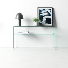 a glass shelf with a plant on it next to a lamp