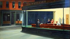 an oil painting of people sitting at a bar in front of a storefront window