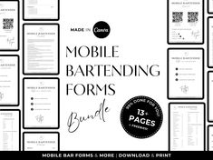 the mobile bartending forms bundle is shown in black and white