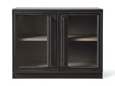 an empty black cabinet with glass doors on the front and bottom shelves, isolated against a white background