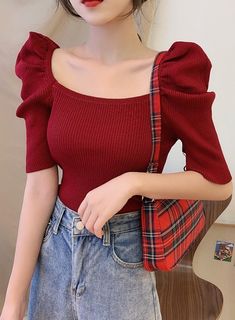 Red Stylish Blouse. It is street style, good for elegant ladies, classy teens and modern fashion Red Outfit Korean, Ladies Tops Blouses, Cropped Tee Shirt, Short Puff Sleeve, Square Neck Top, Knitted Top, Cropped Tee, Red Outfit, U Neck