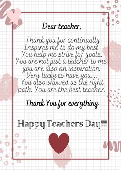 a teacher's day card with the words, thank you for teaching and hearts