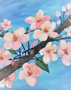 a painting of pink flowers on a tree branch with blue sky in the back ground