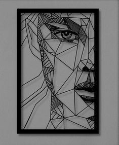 a black and white drawing of a man's face with geometric shapes on it