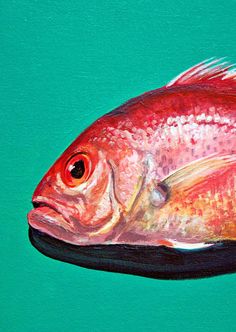 a painting of a red fish on a green background