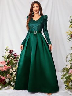 Contrast Sequin Belted Party Dress Elegant Long Sleeve Formal Evening Prom Wedding Guest Gown, For Graduation, Dinner Dark Green   Long Sleeve Sequins Plain A Line Medium Stretch  Weddings & Events, size features are:Bust: ,Length: ,Sleeve Length: Gowns Dresses Elegant Indian, Trendy Date Night Outfit, Wedding Guest Gowns, Wedding Dresses For Kids, Dress Elegant Long, Prom Dresses Elegant, Wedding Dress Sequin, 파티 드레스, Sequin Wedding