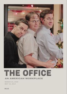 an american workplace movie poster with three men in front of a christmas tree and the words, the office an american work place