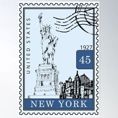 a postage stamp with the statue of liberty in new york, united states poster print