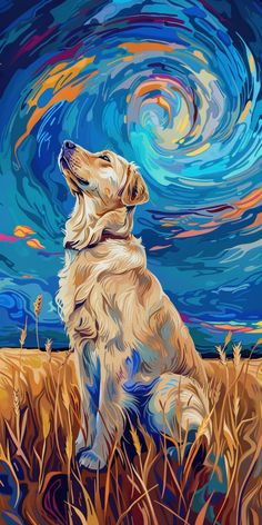 a painting of a golden retriever sitting in front of a starry night sky