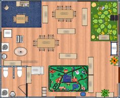 a floor plan for a living room and dining area with couches, tables, chairs