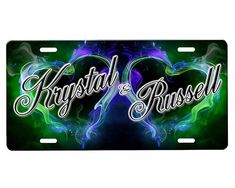 two hearts with the words crystal and russell in white on a green, blue, and purple background