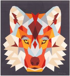 the head of a fox made up of geometric shapes and colors, with yellow eyes