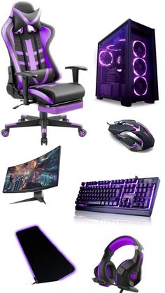 an assortment of gaming accessories including a chair, keyboard and mouse