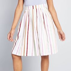 Modcloth Colorful Aspiration Creation Striped Pleated A-Line Skirt Retails: $79.00 Size: Xxs Color: Cream Multi Inaugurate Your Ambition By Stepping Into This White A-Line Skirt - A Standout Style From Modcloth Namesake Label! In But A Moment, The Pretty Pleats, Dreamy Pattern Of Vertical Stripes, And Secret Pockets Of This Elasticized-Back Beauty Will Boost Your Passions To Breakthrough Levels. Go Get ‘Em! New With Tags. Muslim Outfit Ideas, Form Fitting Clothes, Hooded Sweatshirt Dress, Striped Midi Skirt, Muslim Outfits, Striped Skirt, Tie Waist Dress, Muslimah Fashion, Stripe Skirt