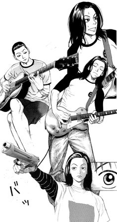 black and white drawing of people with guitars in front of one woman's face