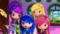 two cartoon characters, one with blue hair and the other with red hair wearing a strawberry hat