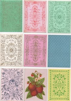 six different colored papers with designs on them