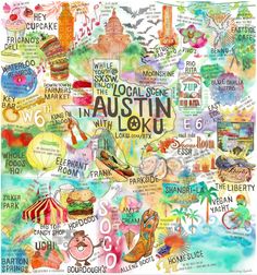 an illustrated map with the names and symbols for various places in australia, including watercolors