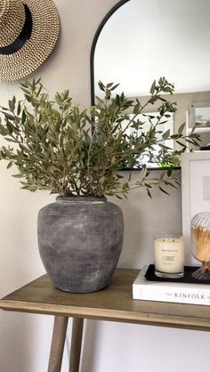 a potted plant sitting on top of a wooden table next to a mirror and candle