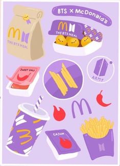 an image of mcdonald's food and drink items on a purple background with the words, bts x mcdonald's there's real