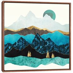 a painting of mountains and trees with the moon in the sky above them on a white background