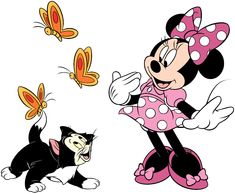 minnie mouse and cat with butterflies in the background