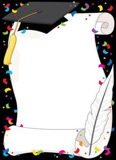 a graduation cap and feather quill with confetti on the bottom, in front of a black background