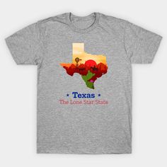 a gray texas t - shirt with the word texas on it in red, orange and green