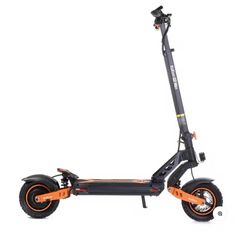 an orange and black scooter with wheels on it's front wheel, against a white background